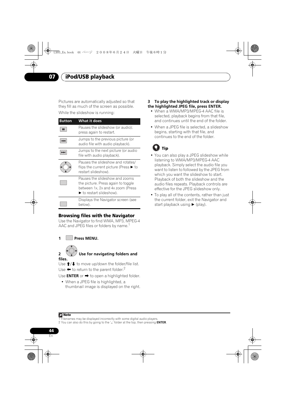 Browsing files with the navigator, Ipod/usb playback 07 | Pioneer LX03 User Manual | Page 44 / 88