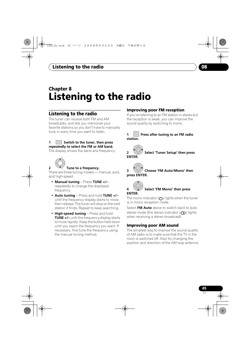 Listening to the radio, Listening to the radio 08, Chapter 8 | Pioneer LX03 User Manual | Page 45 / 88