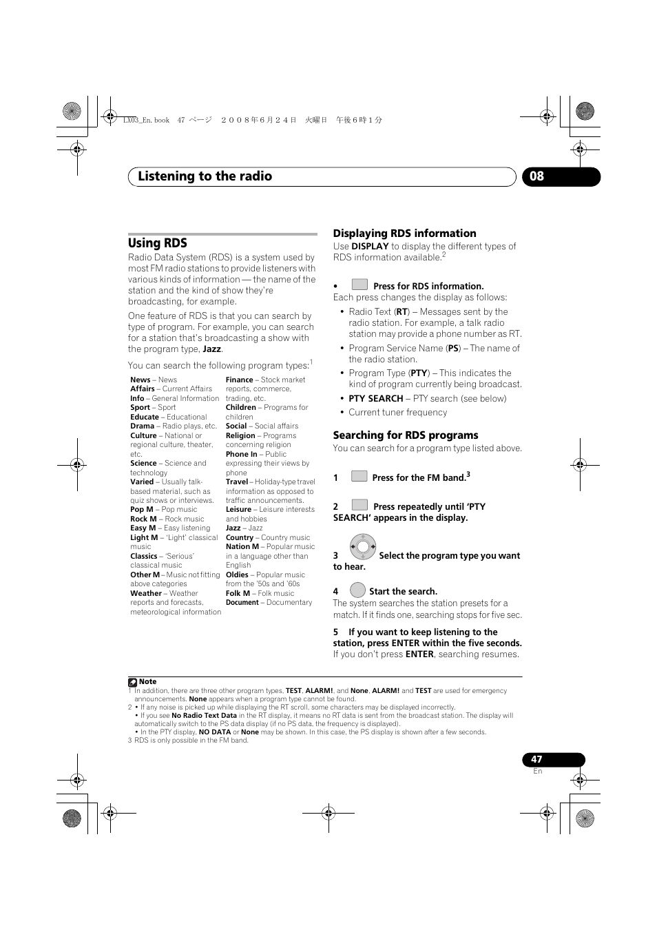 Using rds, Listening to the radio 08 | Pioneer LX03 User Manual | Page 47 / 88