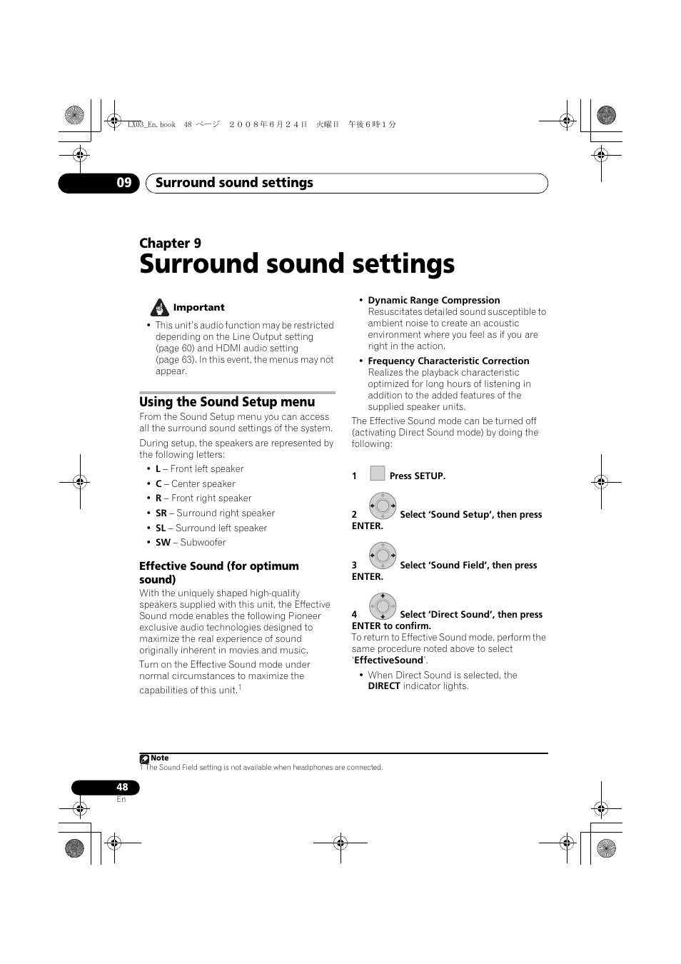 Using the sound setup menu, Effective sound (for optimum sound), Surround sound settings | Surround sound settings 09, Chapter 9 | Pioneer LX03 User Manual | Page 48 / 88
