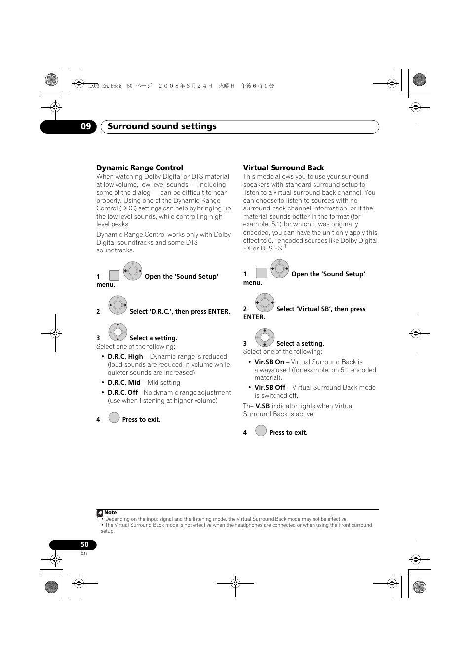Dynamic range control virtual surround back, Surround sound settings 09 | Pioneer LX03 User Manual | Page 50 / 88