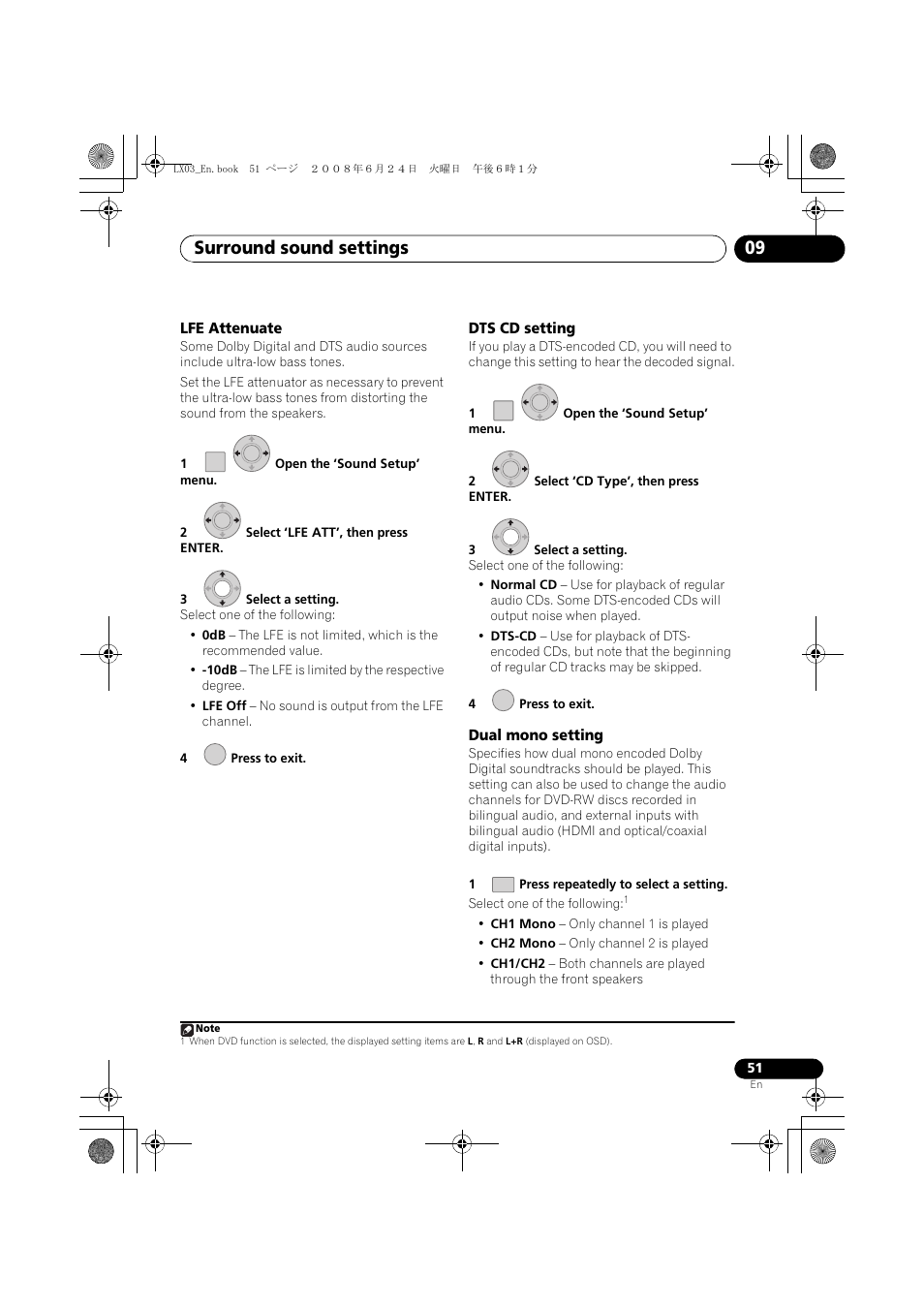 Lfe attenuate dts cd setting dual mono setting, Surround sound settings 09 | Pioneer LX03 User Manual | Page 51 / 88