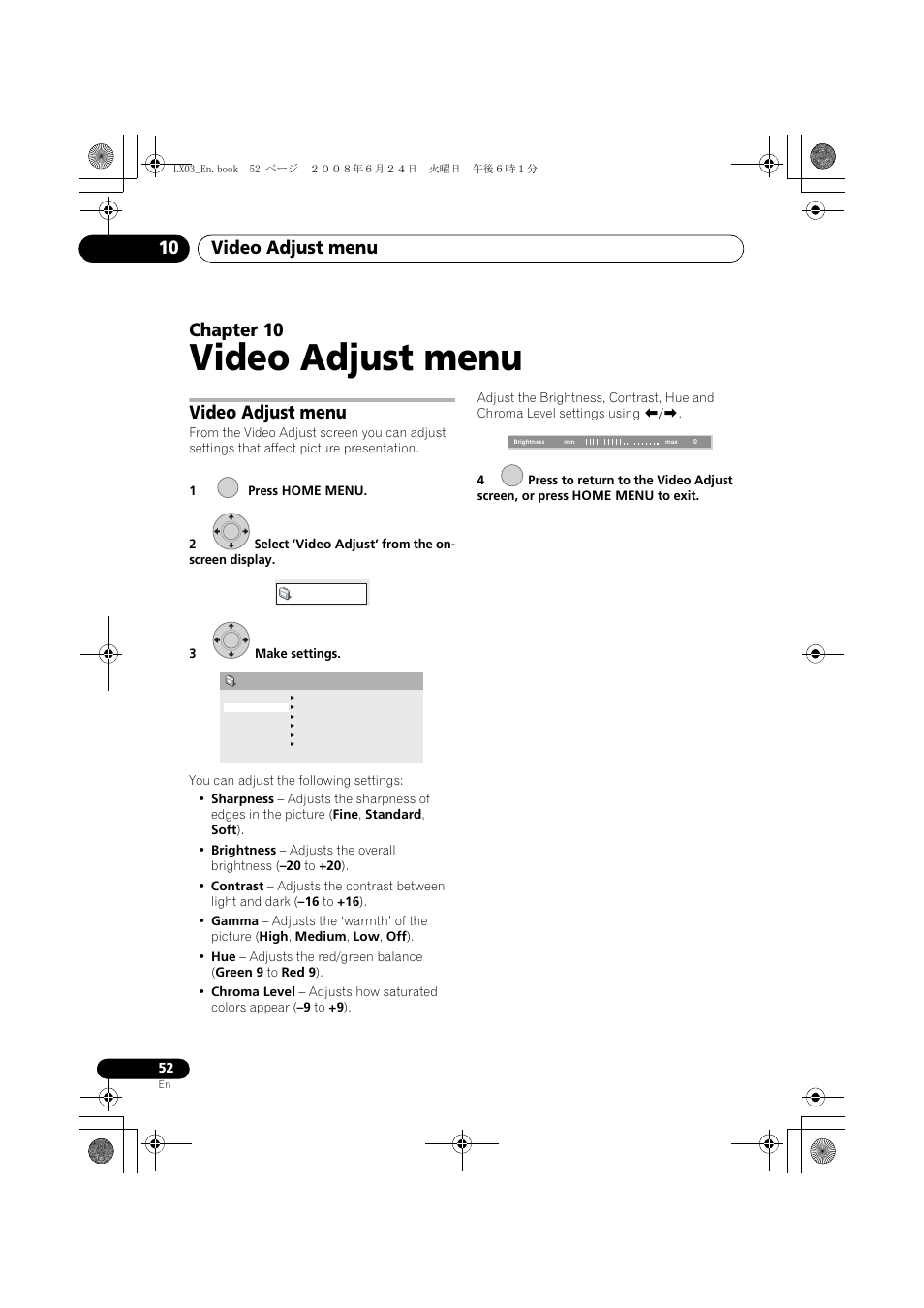 Video adjust menu, Video adjust menu 10, Chapter 10 | Pioneer LX03 User Manual | Page 52 / 88