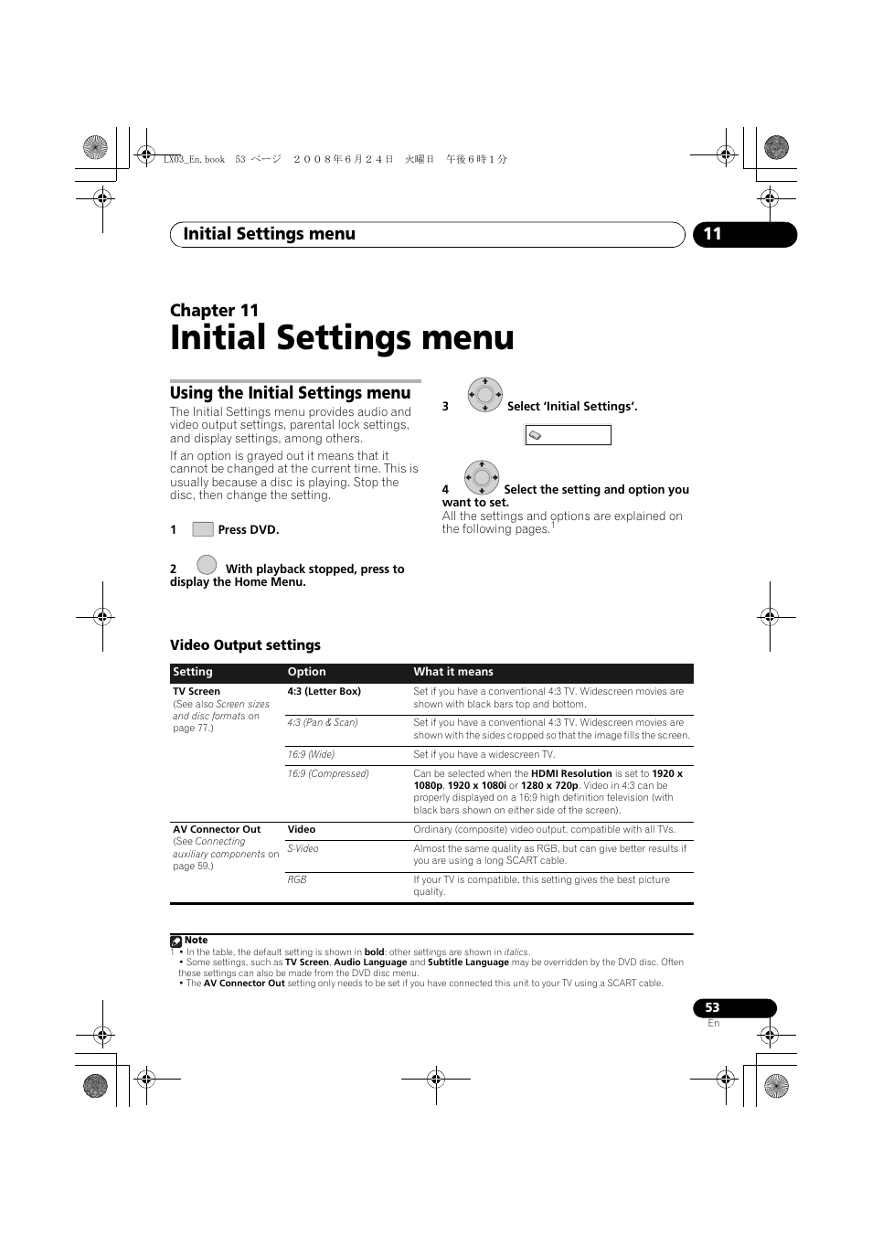 Using the initial settings menu, Video output settings, Initial settings menu | Initial settings menu 11, Chapter 11 | Pioneer LX03 User Manual | Page 53 / 88