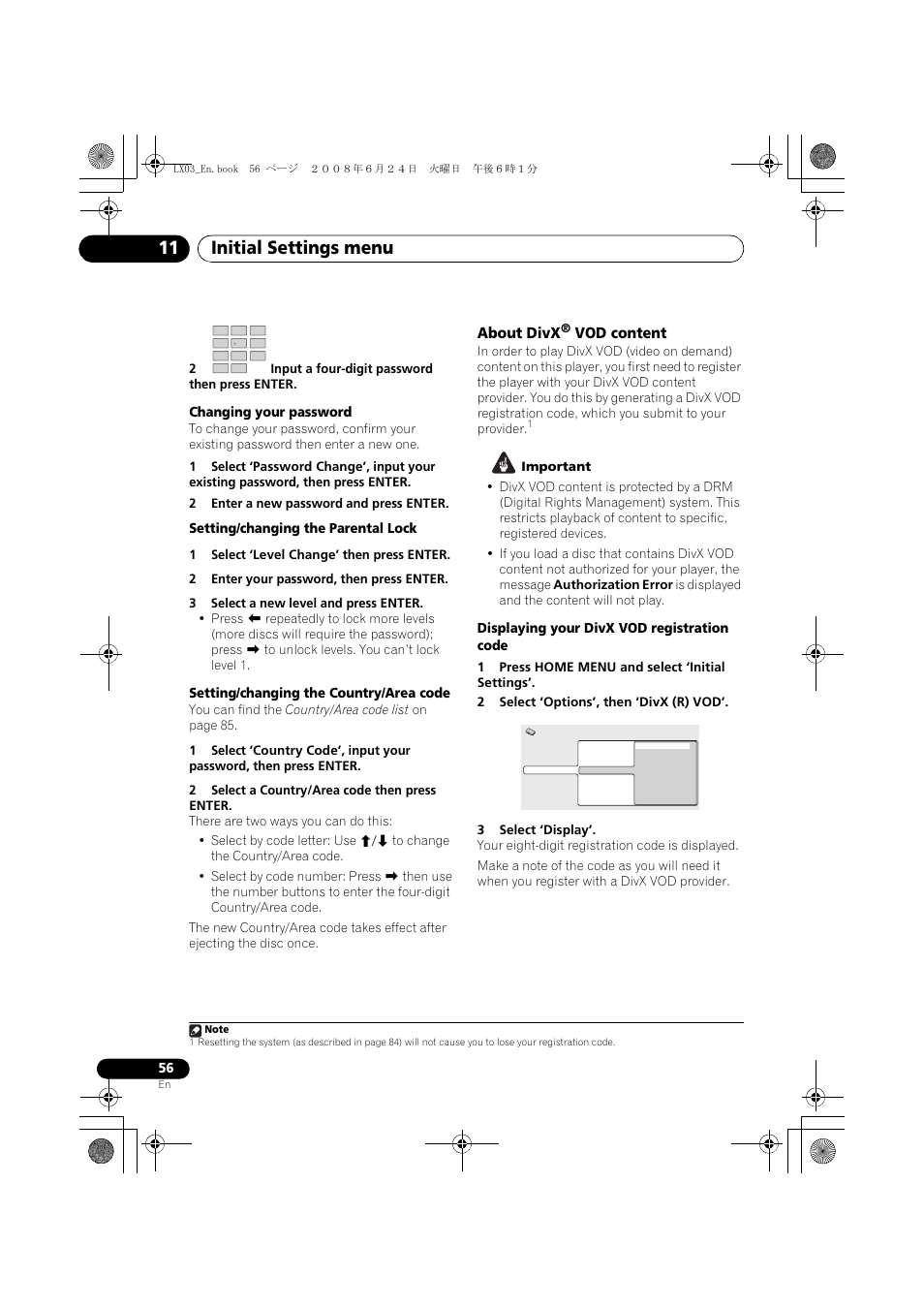 About divx, Vod content, Initial settings menu 11 | Pioneer LX03 User Manual | Page 56 / 88