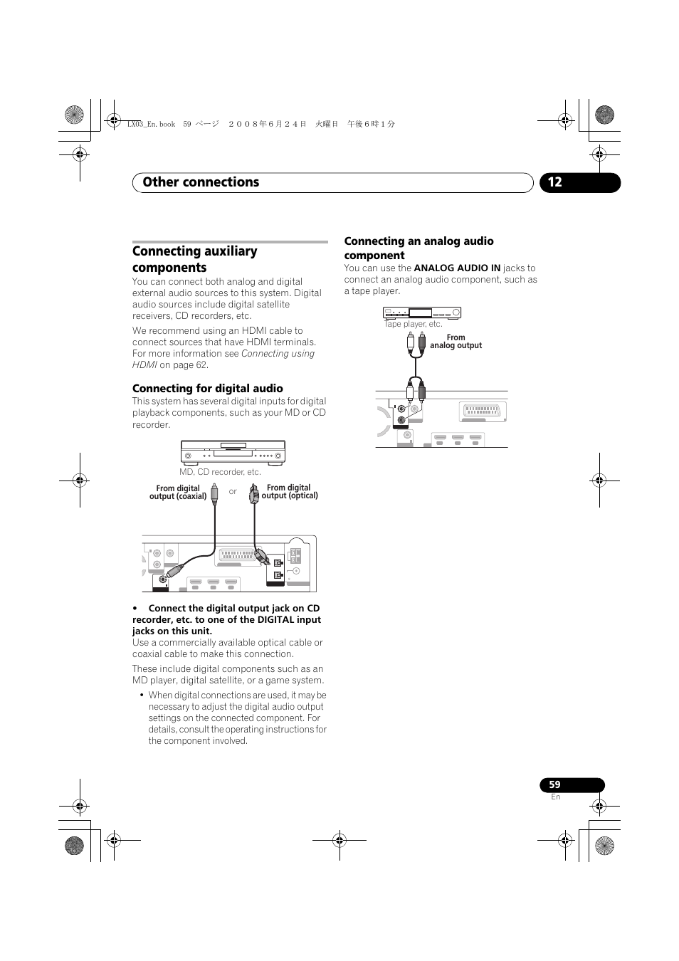 Connecting auxiliary components, Other connections 12, Connecting for digital audio | Connecting an analog audio component | Pioneer LX03 User Manual | Page 59 / 88