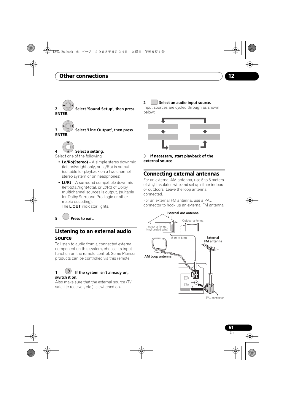 Other connections 12, Listening to an external audio source, Connecting external antennas | Pioneer LX03 User Manual | Page 61 / 88