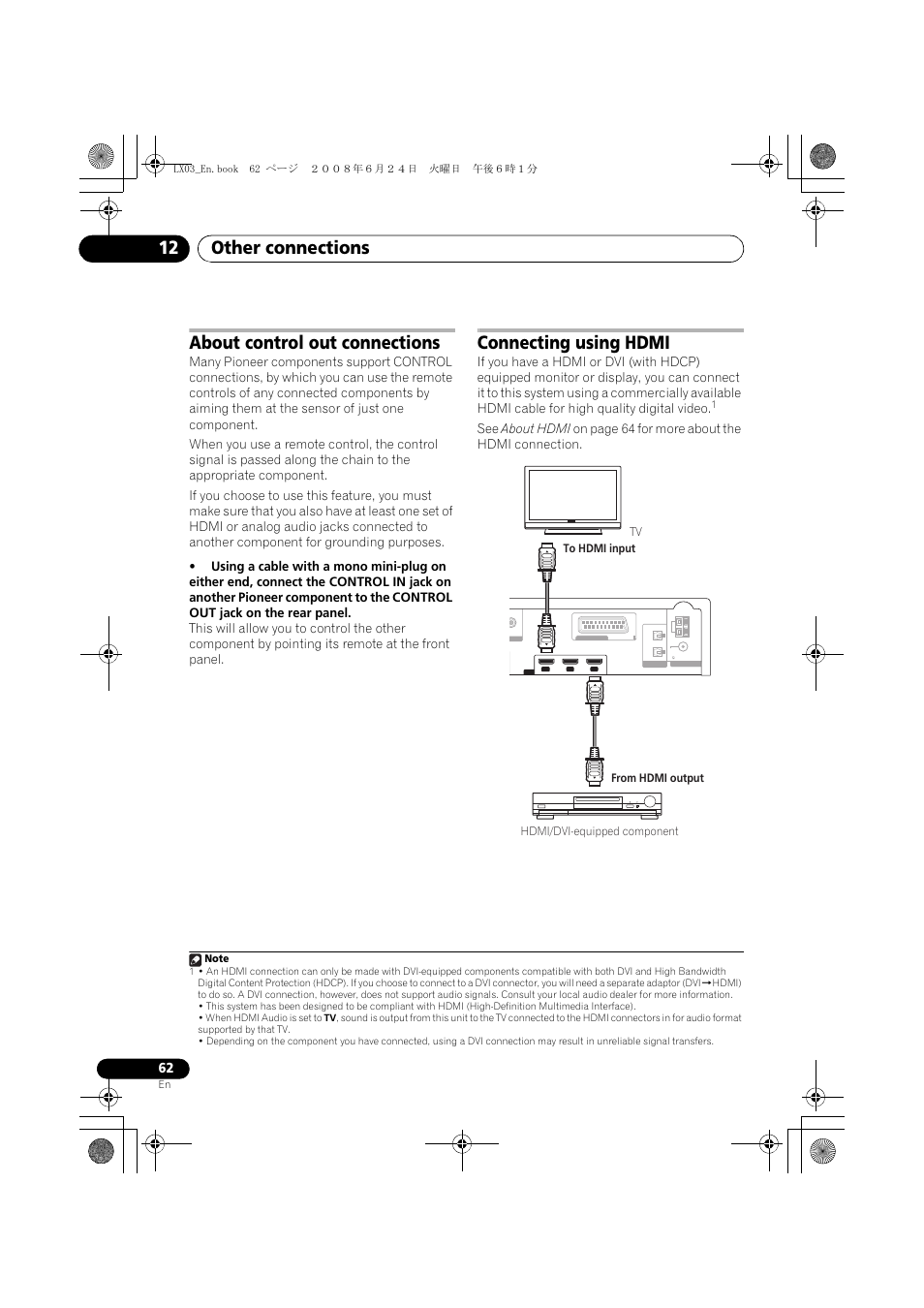 Other connections 12, About control out connections, Connecting using hdmi | Pioneer LX03 User Manual | Page 62 / 88