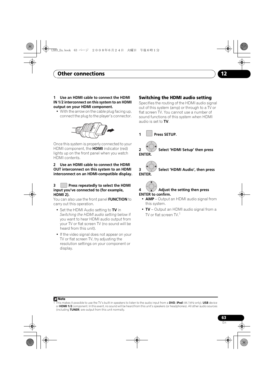 Switching the hdmi audio setting, Other connections 12 | Pioneer LX03 User Manual | Page 63 / 88