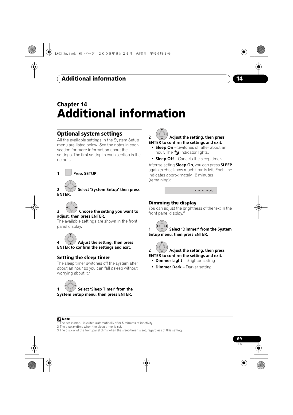 Optional system settings, Setting the sleep timer dimming the display, Additional information | Additional information 14, Chapter 14 | Pioneer LX03 User Manual | Page 69 / 88