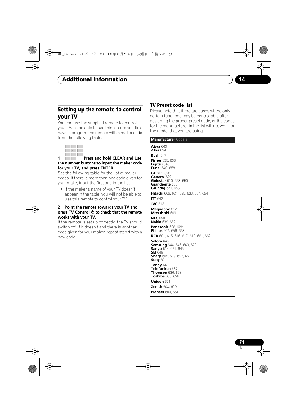 Setting up the remote to control your tv, Tv preset code list, Additional information 14 | Pioneer LX03 User Manual | Page 71 / 88