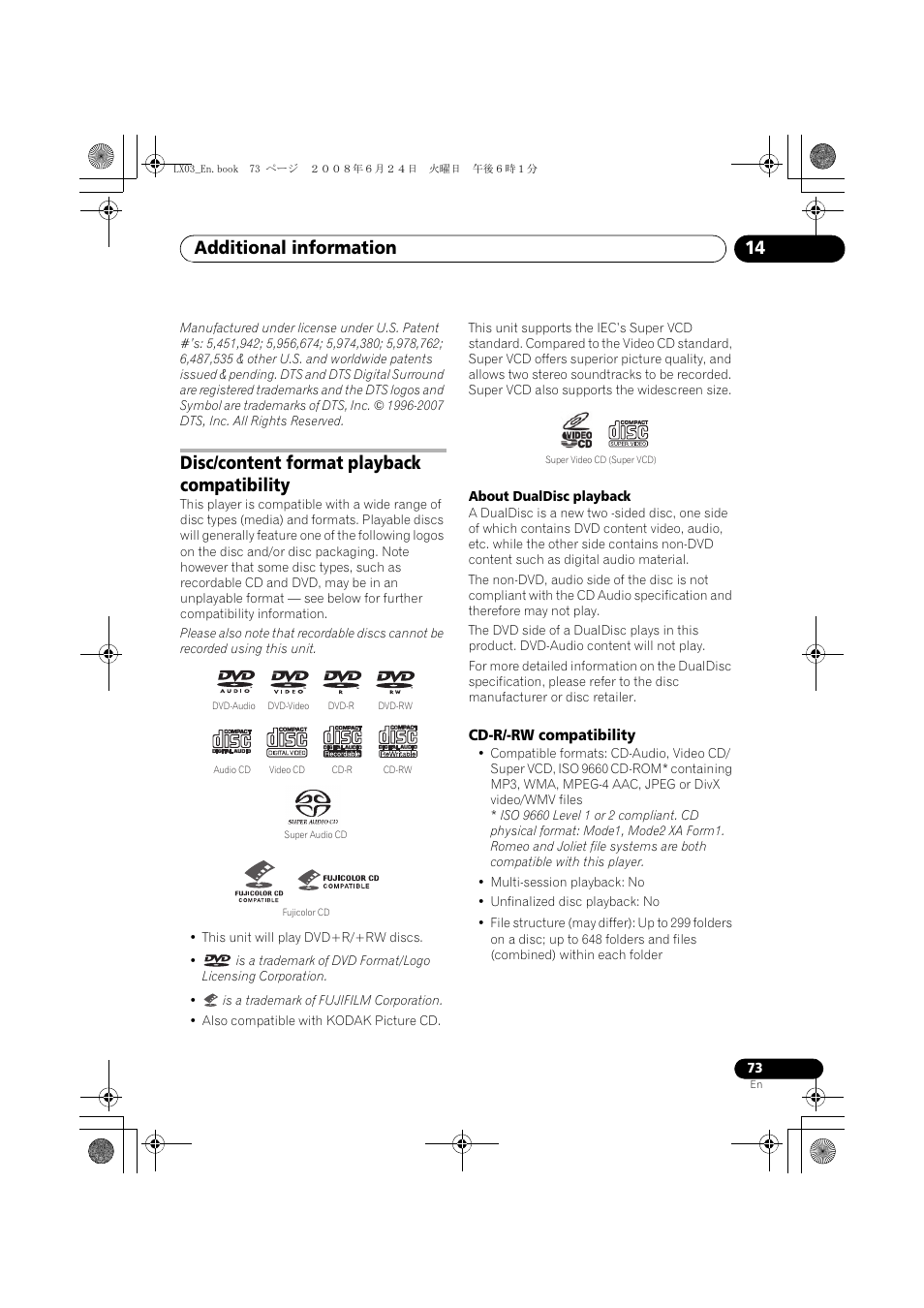 Disc/content format playback compatibility, Cd-r/-rw compatibility, Additional information 14 | Pioneer LX03 User Manual | Page 73 / 88