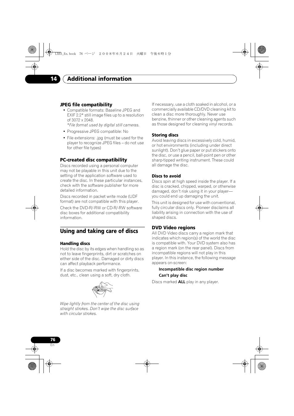 Using and taking care of discs, Dvd video regions, Additional information 14 | Pioneer LX03 User Manual | Page 76 / 88