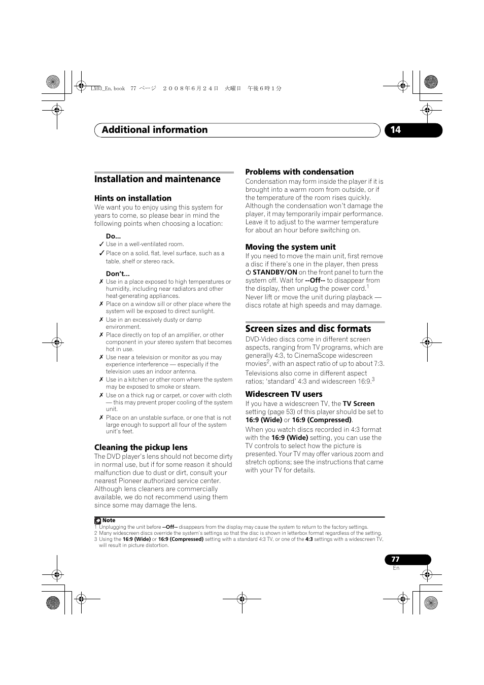 Installation and maintenance, Screen sizes and disc formats, Widescreen tv users | Additional information 14 | Pioneer LX03 User Manual | Page 77 / 88