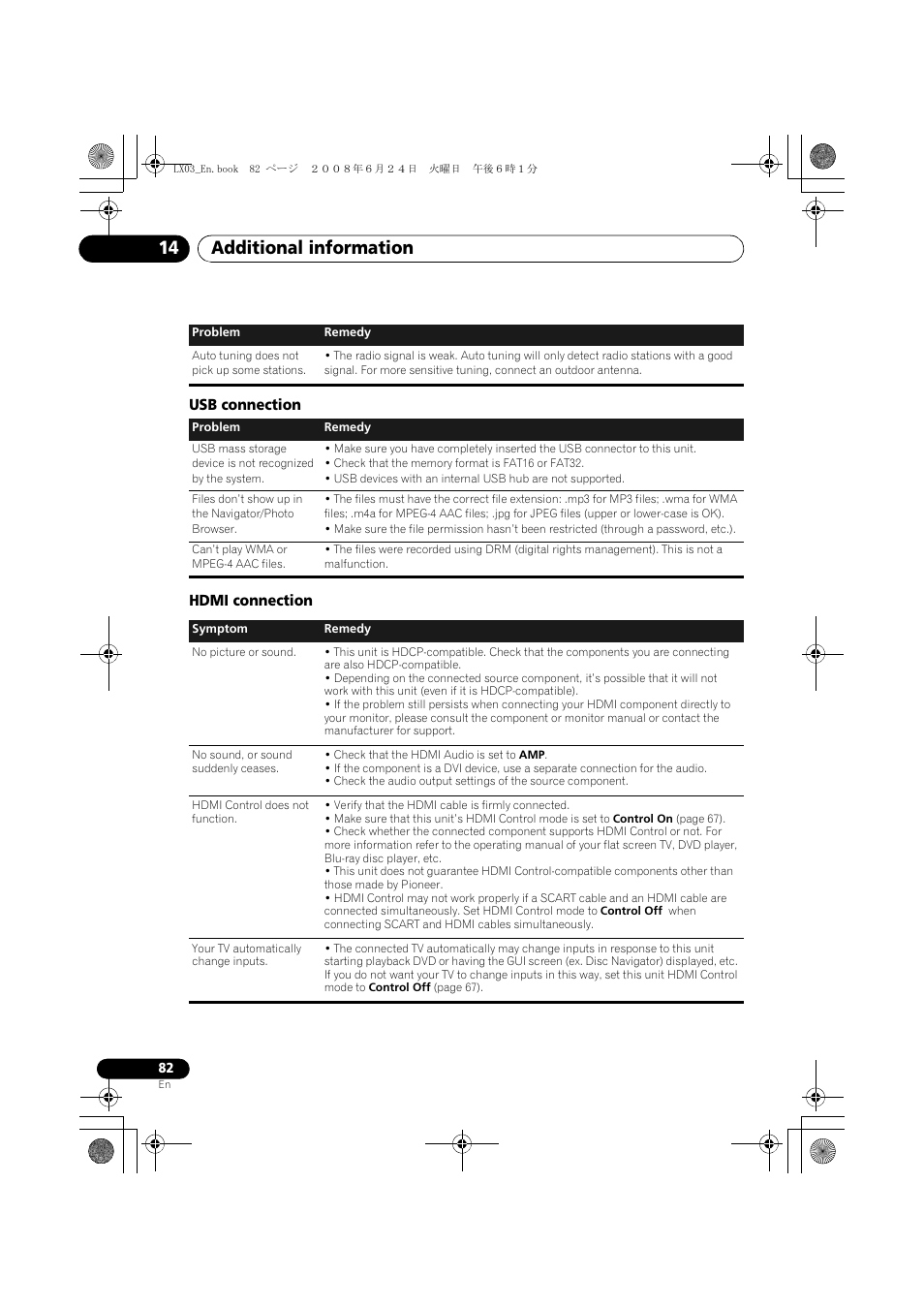 Usb connection hdmi connection, Additional information 14 | Pioneer LX03 User Manual | Page 82 / 88