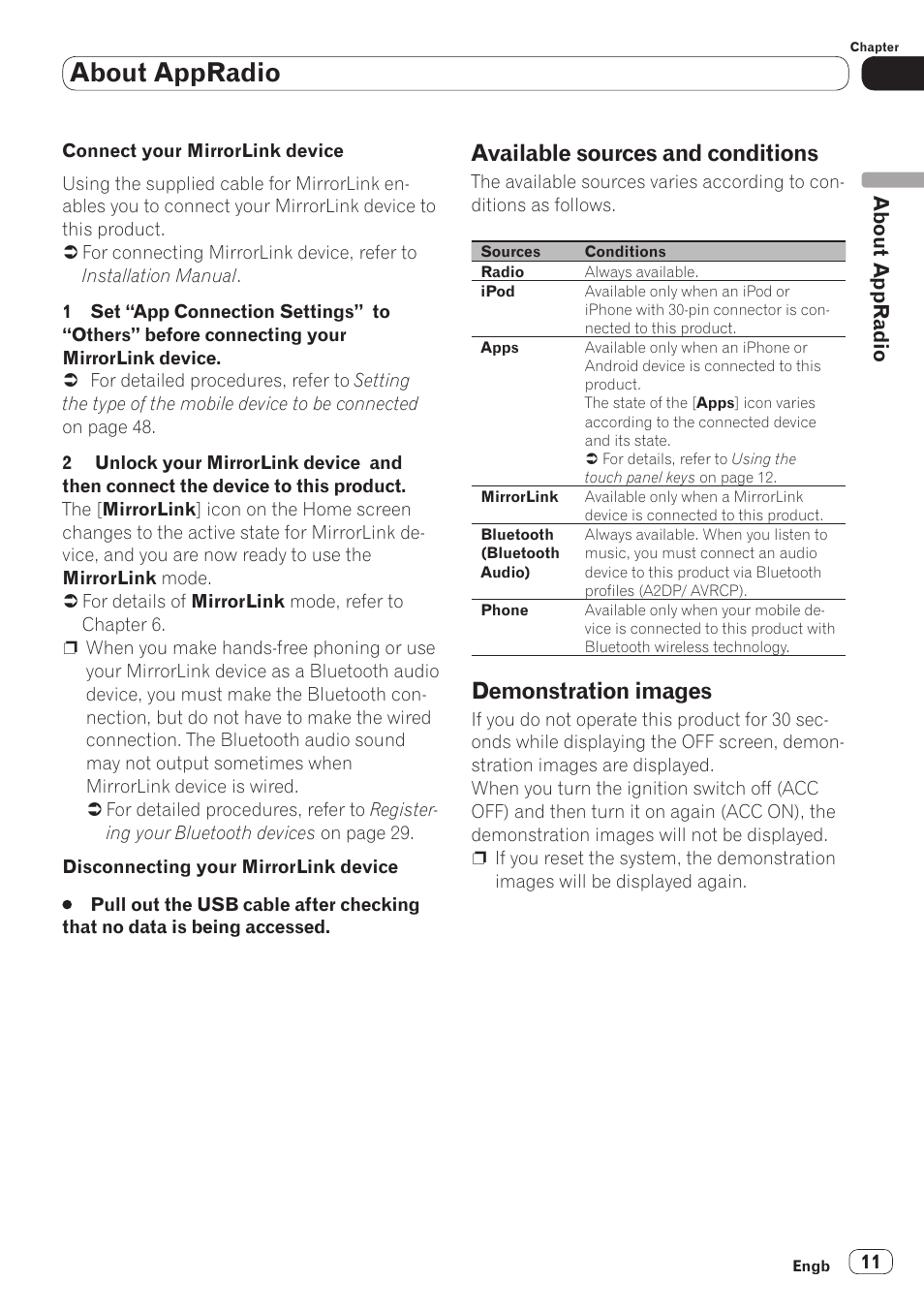 Available sources and conditions, Demonstration images, About appradio | About appr adio | Pioneer SPH-DA110 User Manual | Page 11 / 66
