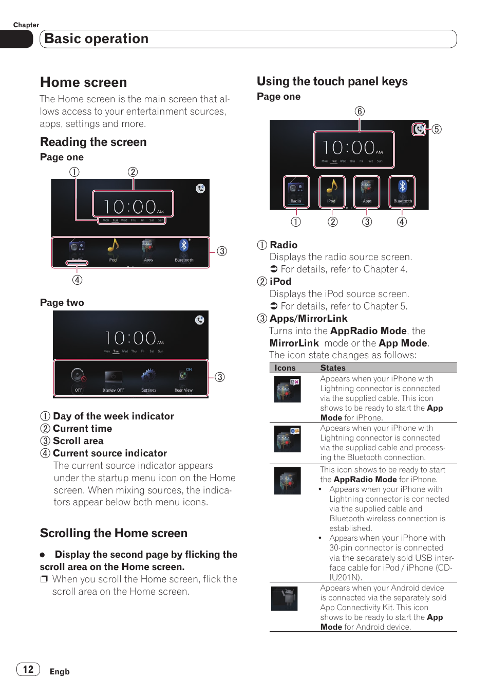 Home screen, Reading the screen, Scrolling the home screen | Using the touch panel keys, Using the, Basic operation | Pioneer SPH-DA110 User Manual | Page 12 / 66