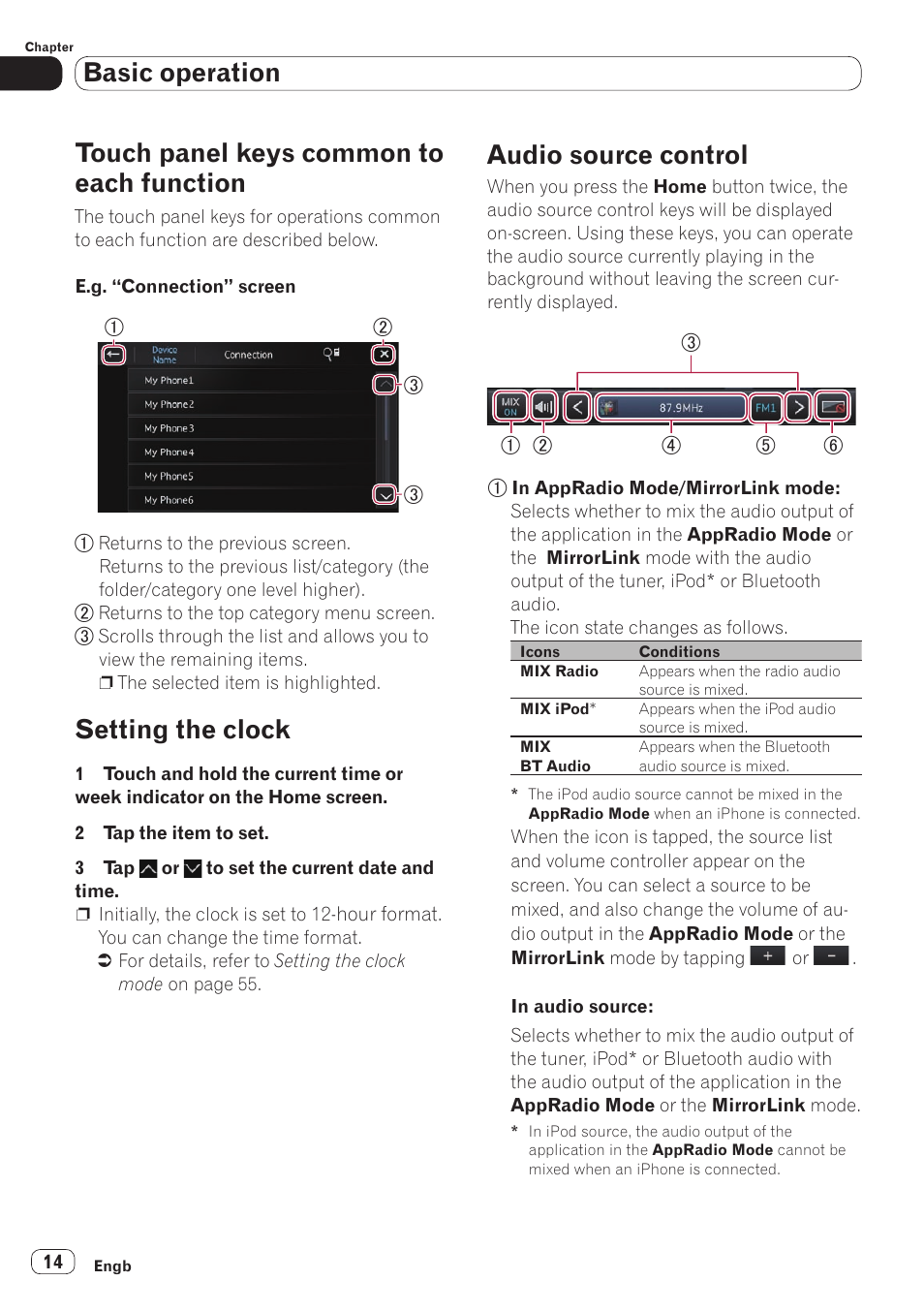 Touch panel keys common to each, Function, Setting the clock | Audio source control, Or details, refer to setting the clock, Basic operation, Touch panel keys common to each function | Pioneer SPH-DA110 User Manual | Page 14 / 66