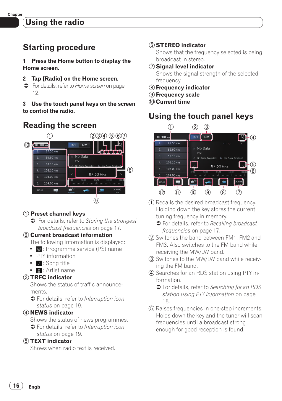 Starting procedure, Reading the screen, Using the touch panel keys | Using the radio | Pioneer SPH-DA110 User Manual | Page 16 / 66