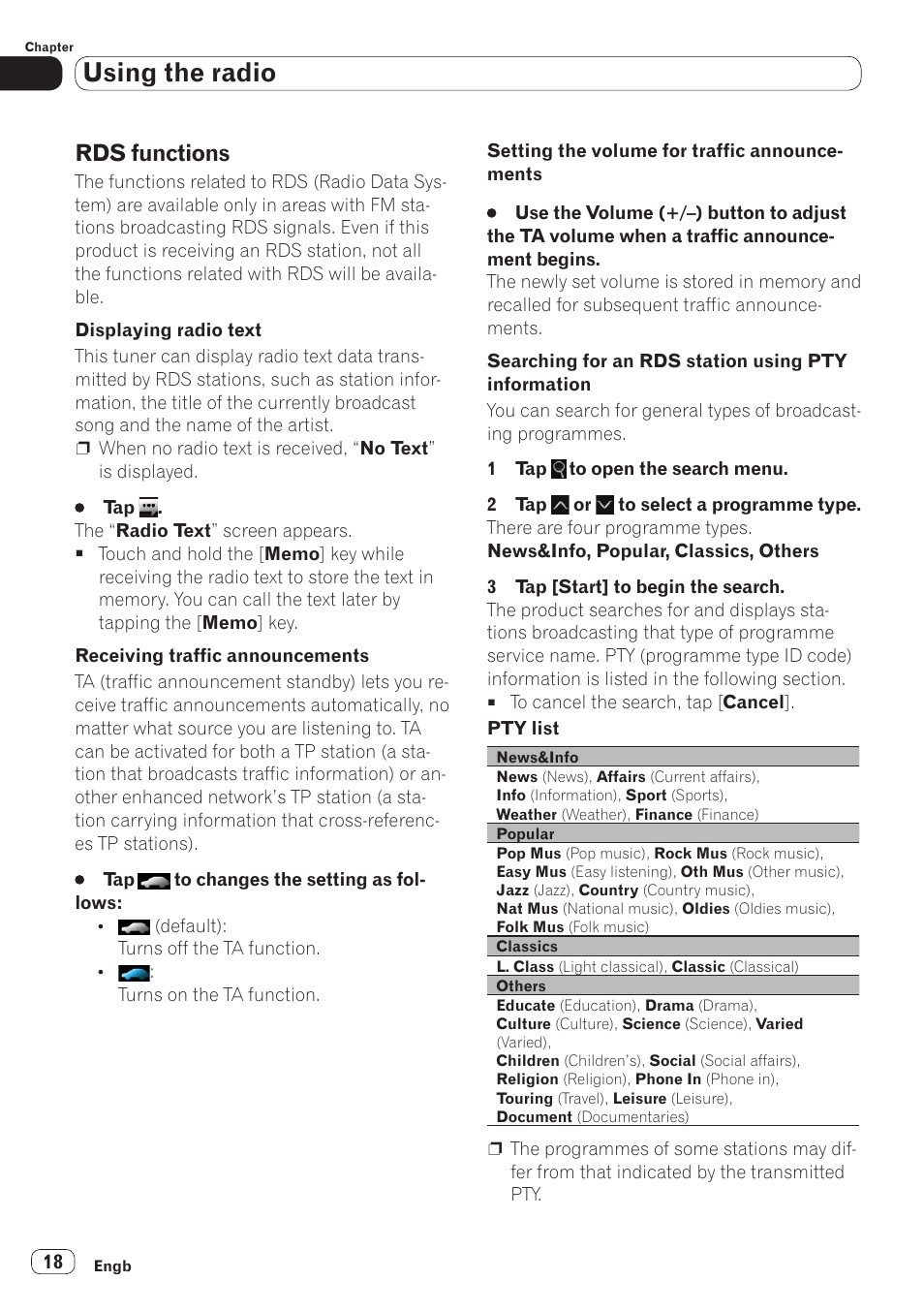 Rds functions, Or details, refer to searching for an rds, Station using pty information | Or details, refer to receiving traffic an, Or details, refer to displaying radio text, Using the radio | Pioneer SPH-DA110 User Manual | Page 18 / 66
