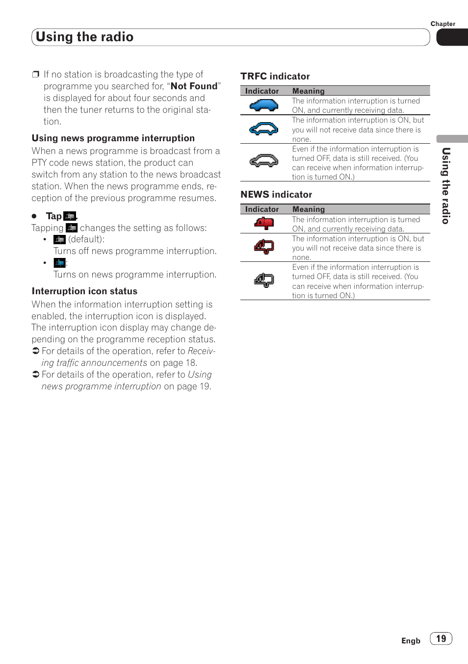 Or details, refer to interruption icon, Status, Or details, refer to using news pro | Using the radio | Pioneer SPH-DA110 User Manual | Page 19 / 66