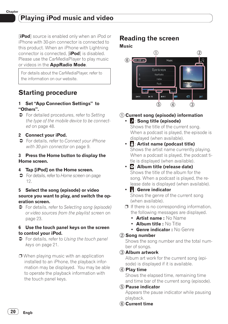 Starting procedure, Reading the screen, Playing ipod music and video | Pioneer SPH-DA110 User Manual | Page 20 / 66