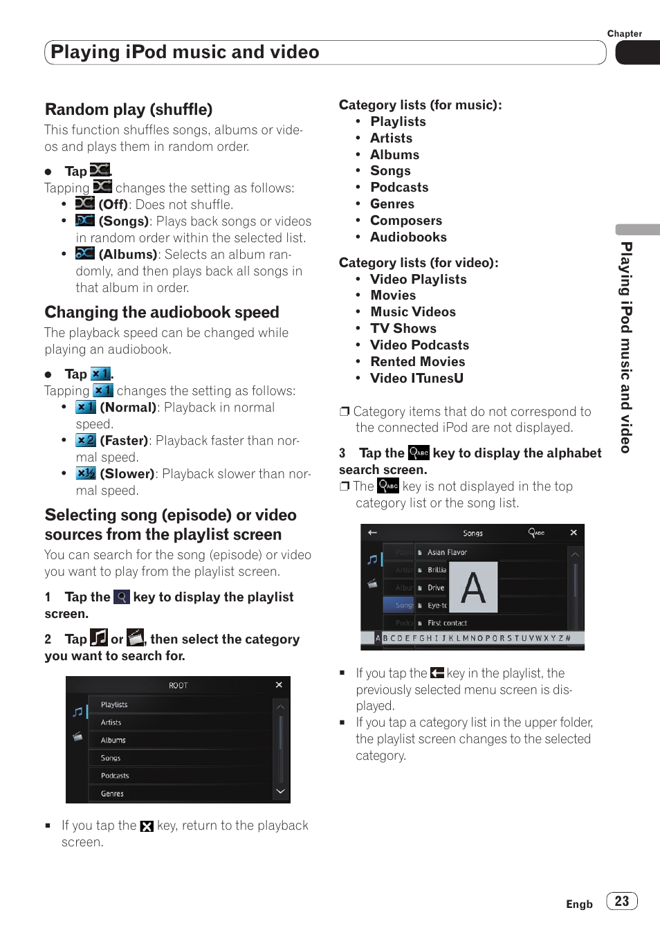 Random play (shuffle), Changing the audiobook speed, Selecting song (episode) or video | Sources from the playlist screen, Selecting song (episode), Or video sources from the playlist screen, Selecting song, Episode) or video sources from the playlist screen, Or details, refer to random play (shuf, Fle) | Pioneer SPH-DA110 User Manual | Page 23 / 66