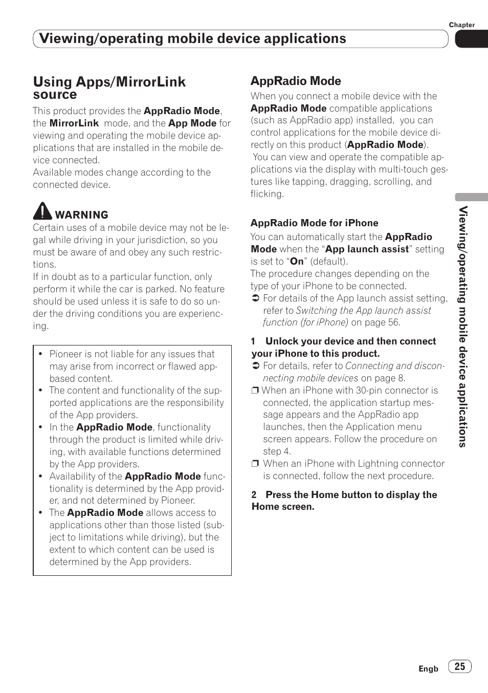 Using apps/mirrorlink source, Appradio mode, Viewing/operating mobile device applications | Pioneer SPH-DA110 User Manual | Page 25 / 66