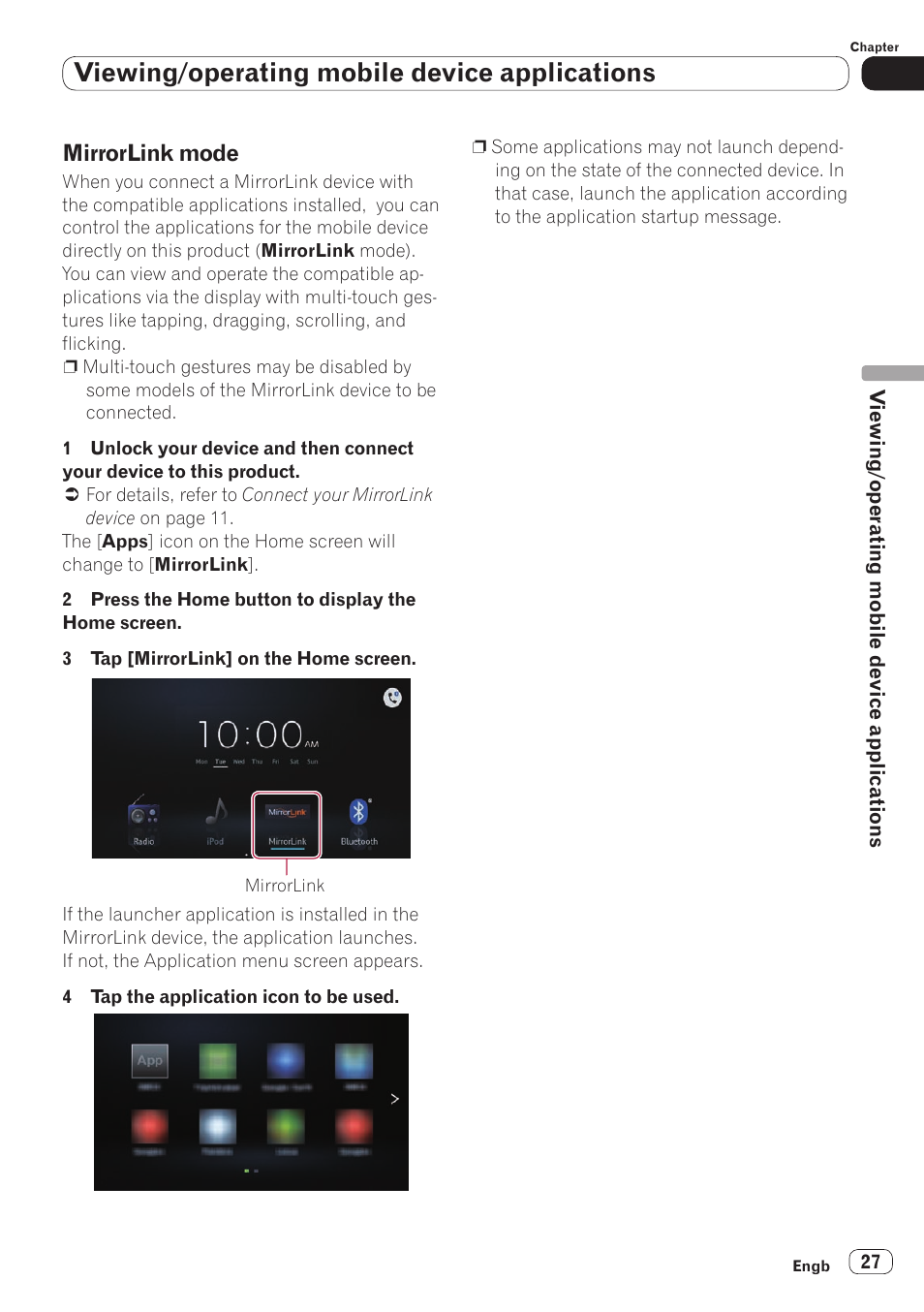 Mirrorlink mode, Viewing/operating mobile device applications | Pioneer SPH-DA110 User Manual | Page 27 / 66