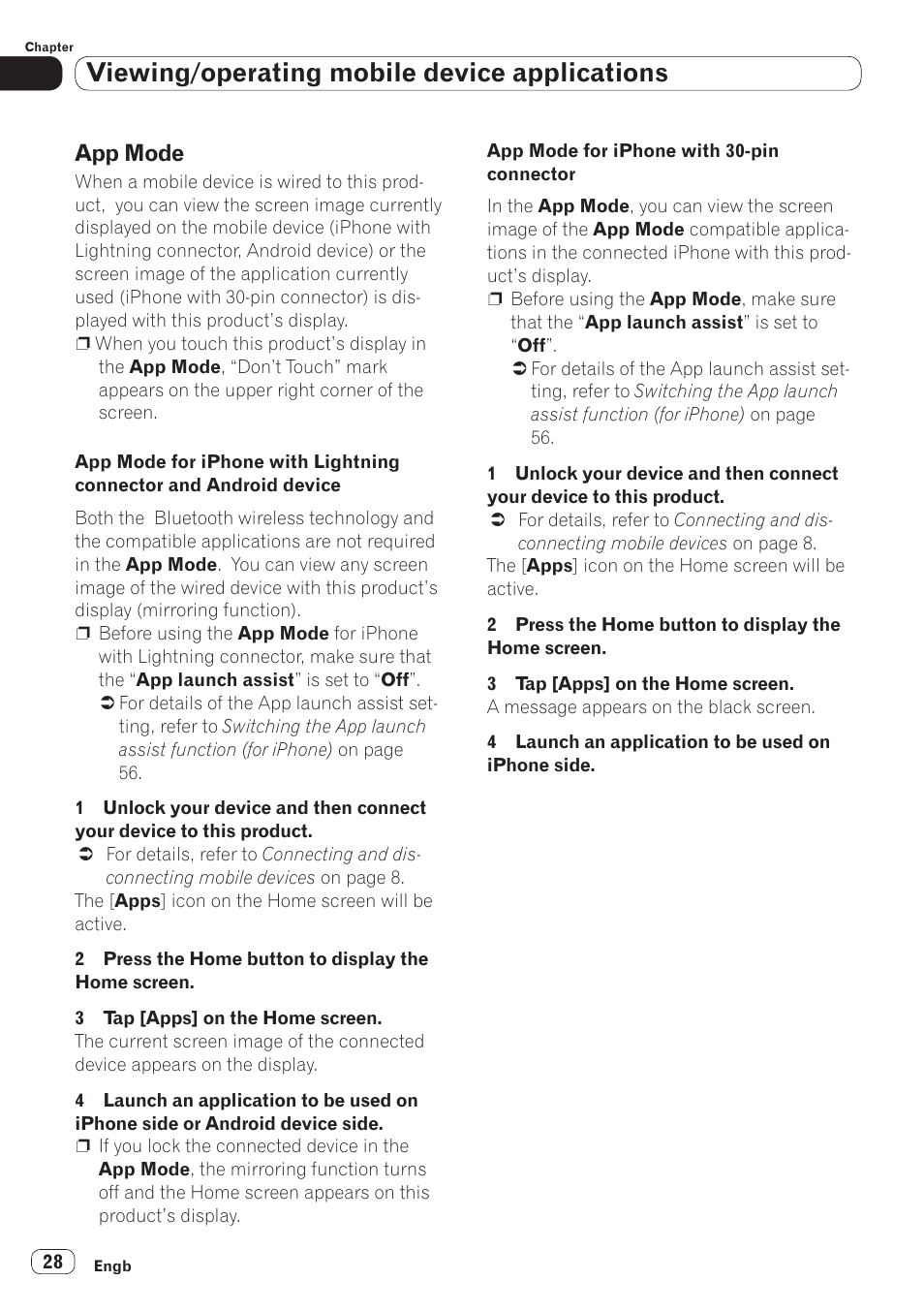 App mode, Viewing/operating mobile device applications | Pioneer SPH-DA110 User Manual | Page 28 / 66
