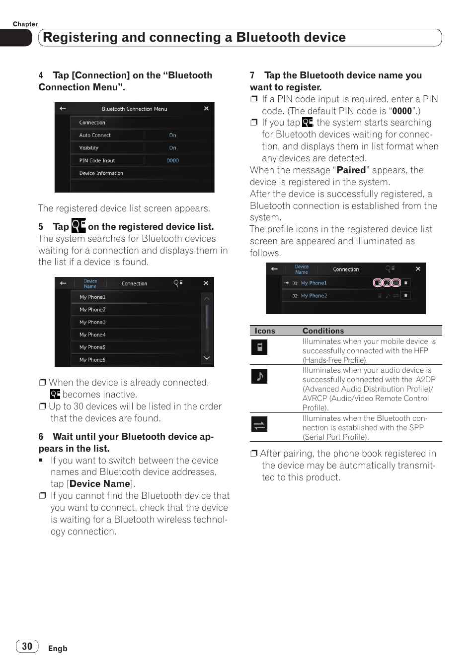 Registering and connecting a bluetooth device | Pioneer SPH-DA110 User Manual | Page 30 / 66