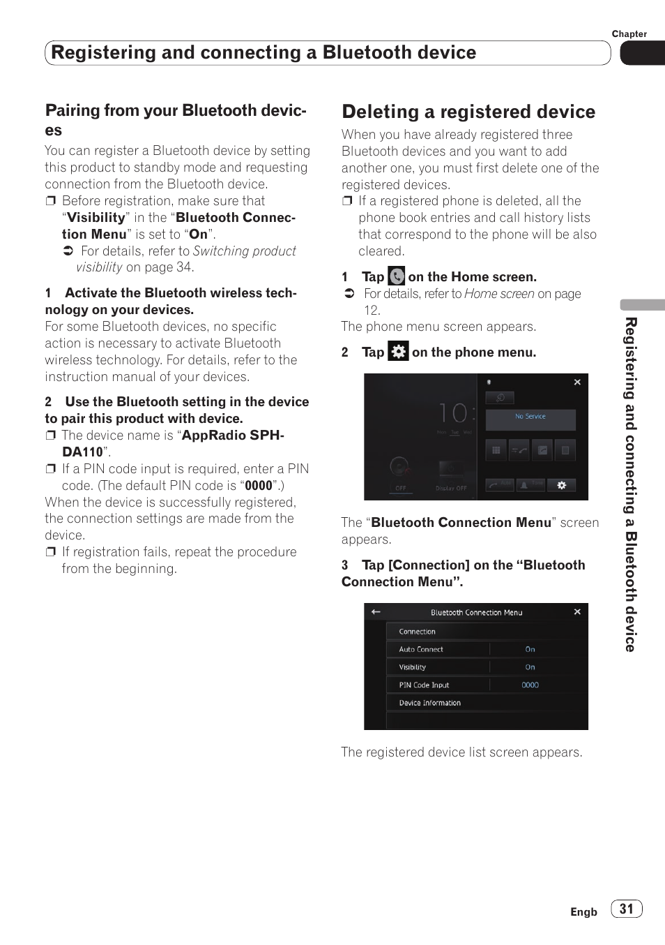 Pairing from your bluetooth devices, Deleting a registered device, Registering and connecting a bluetooth device | Pioneer SPH-DA110 User Manual | Page 31 / 66