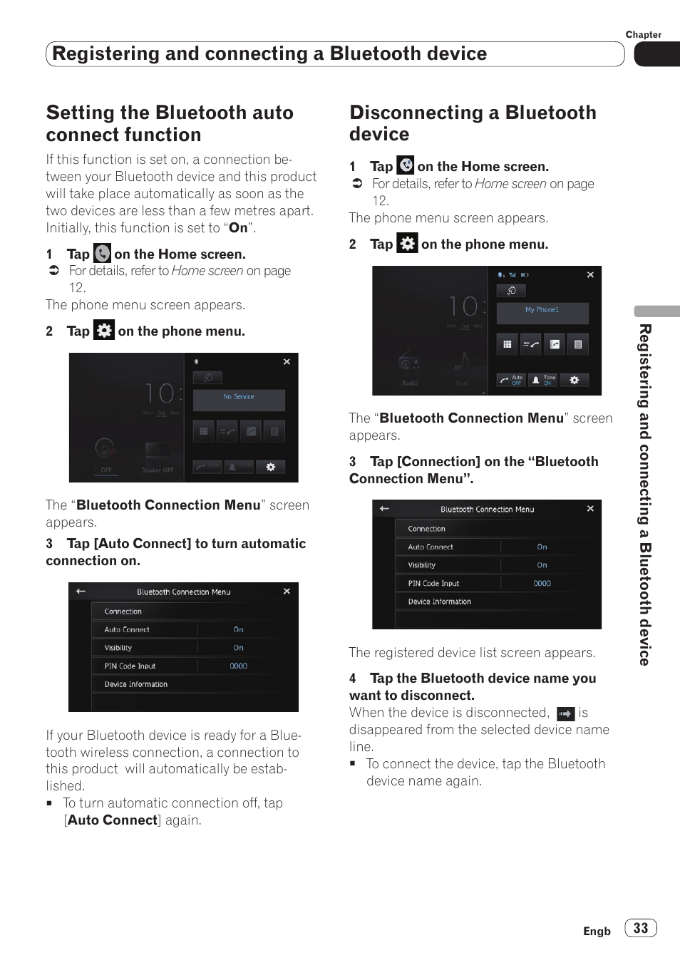 Setting the bluetooth auto connect, Function, Disconnecting a bluetooth device | Registering and connecting a bluetooth device, Setting the bluetooth auto connect function | Pioneer SPH-DA110 User Manual | Page 33 / 66