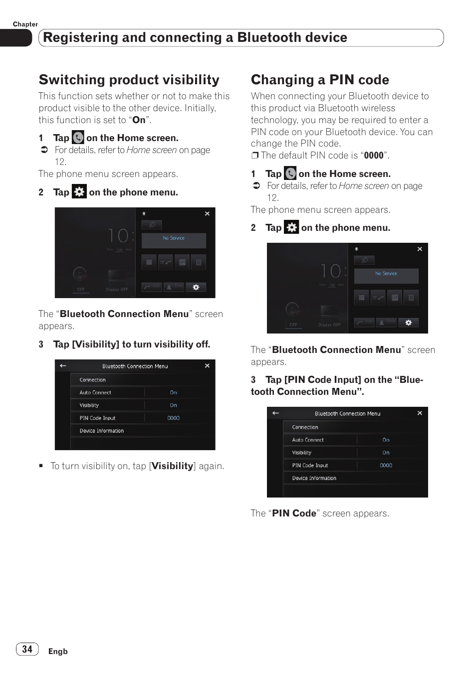 Switching product visibility, Changing a pin code, Switching product | Registering and connecting a bluetooth device | Pioneer SPH-DA110 User Manual | Page 34 / 66
