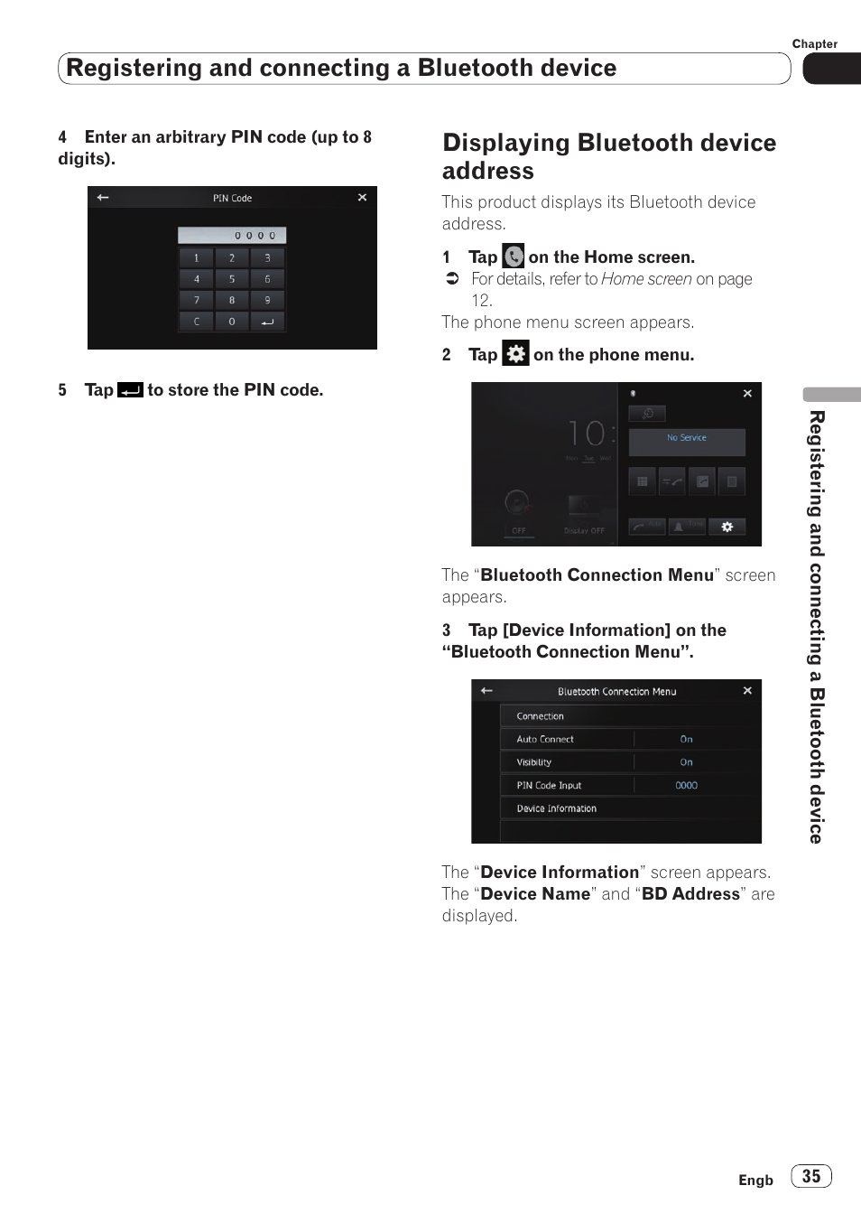 Displaying bluetooth device address, Registering and connecting a bluetooth device | Pioneer SPH-DA110 User Manual | Page 35 / 66