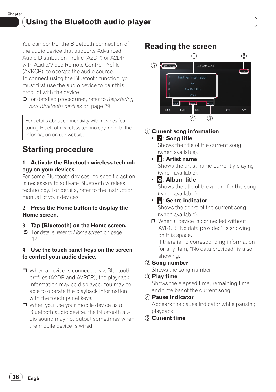 Starting procedure, Reading the screen, Using the bluetooth audio player | Pioneer SPH-DA110 User Manual | Page 36 / 66