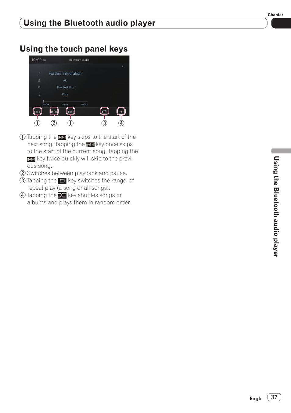 Using the touch panel keys, Using the bluetooth audio player | Pioneer SPH-DA110 User Manual | Page 37 / 66