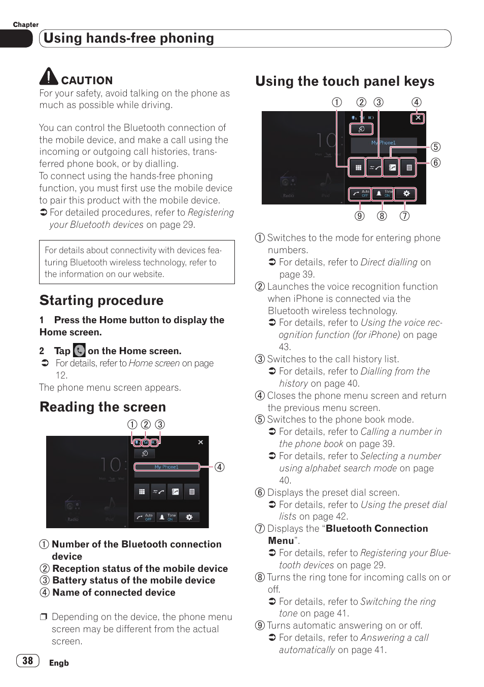 Starting procedure, Reading the screen, Using the touch panel keys | Using hands-free phoning | Pioneer SPH-DA110 User Manual | Page 38 / 66