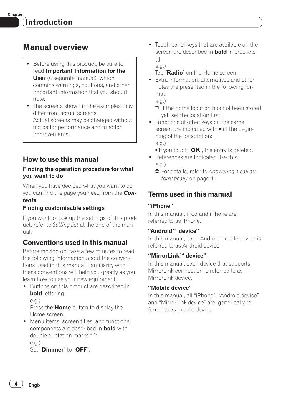 Manual overview, How to use this manual, Conventions used in this manual | Terms used in this manual, Introduction | Pioneer SPH-DA110 User Manual | Page 4 / 66