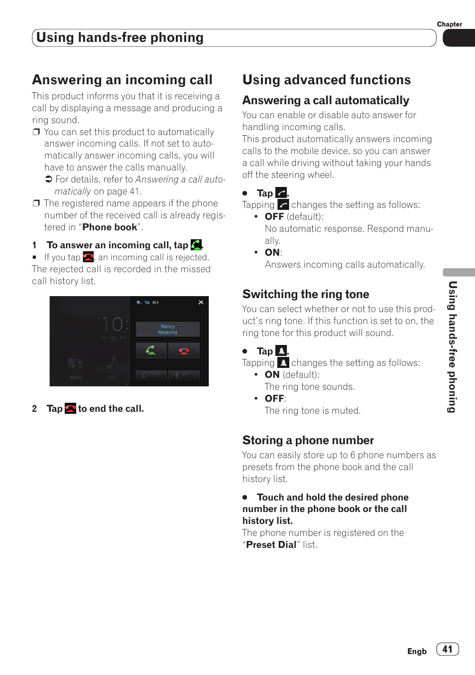 Answering an incoming call, Using advanced functions, Answering a call automatically | Switching the ring tone, Storing a phone number, Or details, refer to answering a call au, Tomatically, Or details, refer to switching the ring, Tone, Or details, refer to answering a call | Pioneer SPH-DA110 User Manual | Page 41 / 66