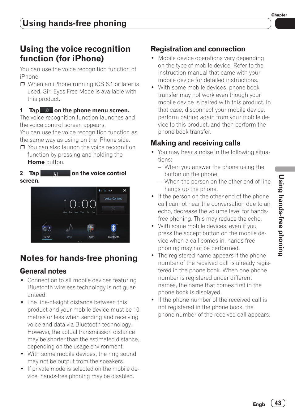 Using the voice recognition function, For iphone), Notes for hands-free phoning | General notes, Registration and connection, Making and receiving calls, Or details, refer to using the voice rec, Using hands-free phoning, Using the voice recognition function (for iphone) | Pioneer SPH-DA110 User Manual | Page 43 / 66