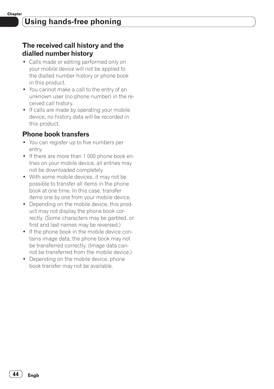 The received call history and the dialled, Number history, Phone book transfers | Using hands-free phoning | Pioneer SPH-DA110 User Manual | Page 44 / 66