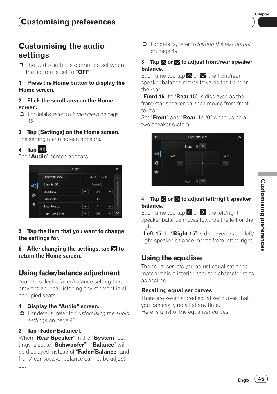 Customising the audio settings, Using fader/balance adjustment, Using the equaliser | Customising preferences | Pioneer SPH-DA110 User Manual | Page 45 / 66
