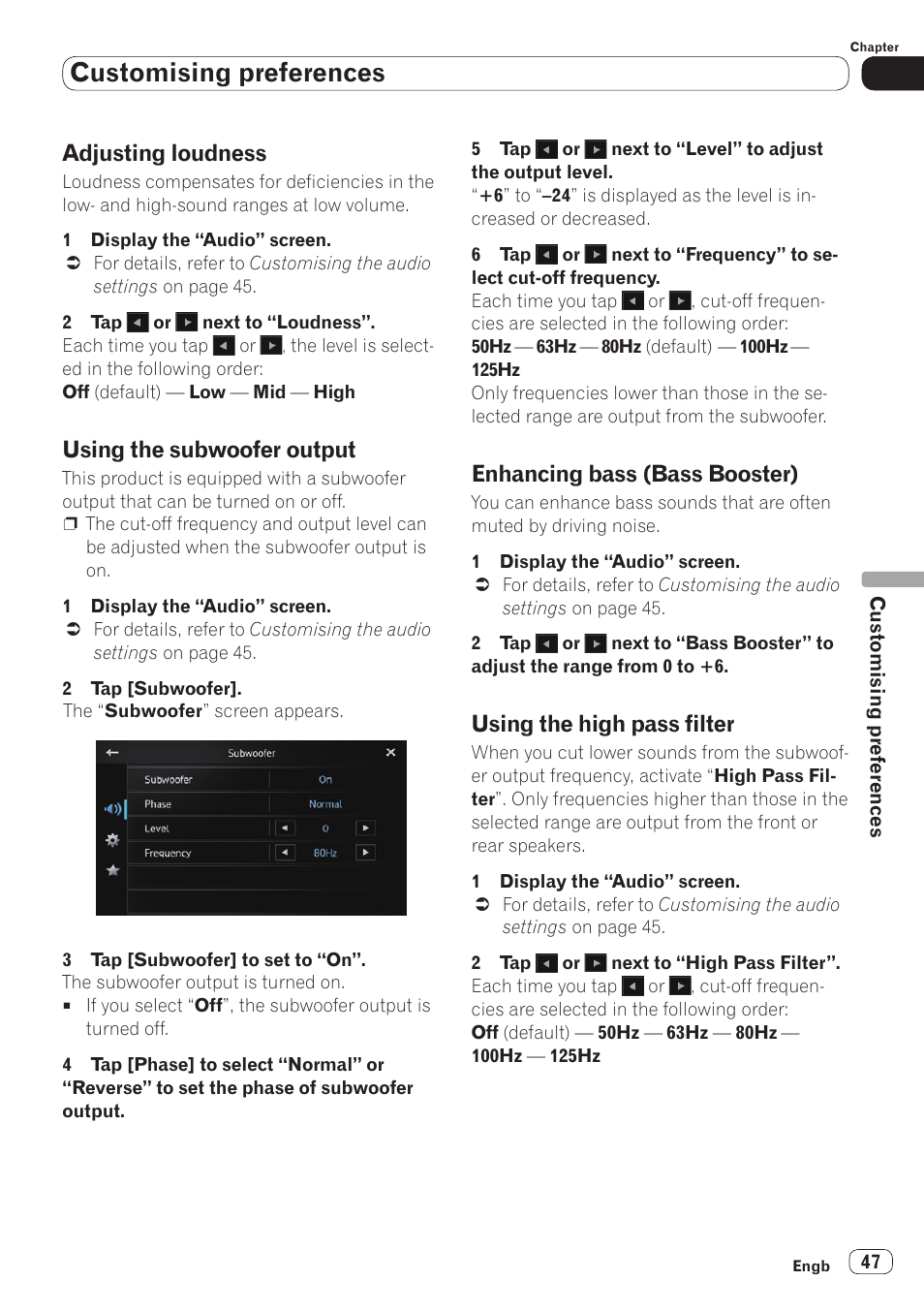 Adjusting loudness, Using the subwoofer output, Enhancing bass (bass booster) | Using the high pass filter, Customising preferences | Pioneer SPH-DA110 User Manual | Page 47 / 66
