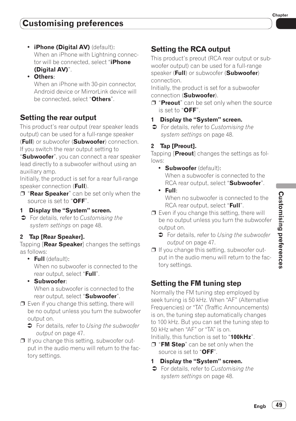 Setting the rear output, Setting the rca output, Setting the fm tuning step | Customising preferences | Pioneer SPH-DA110 User Manual | Page 49 / 66