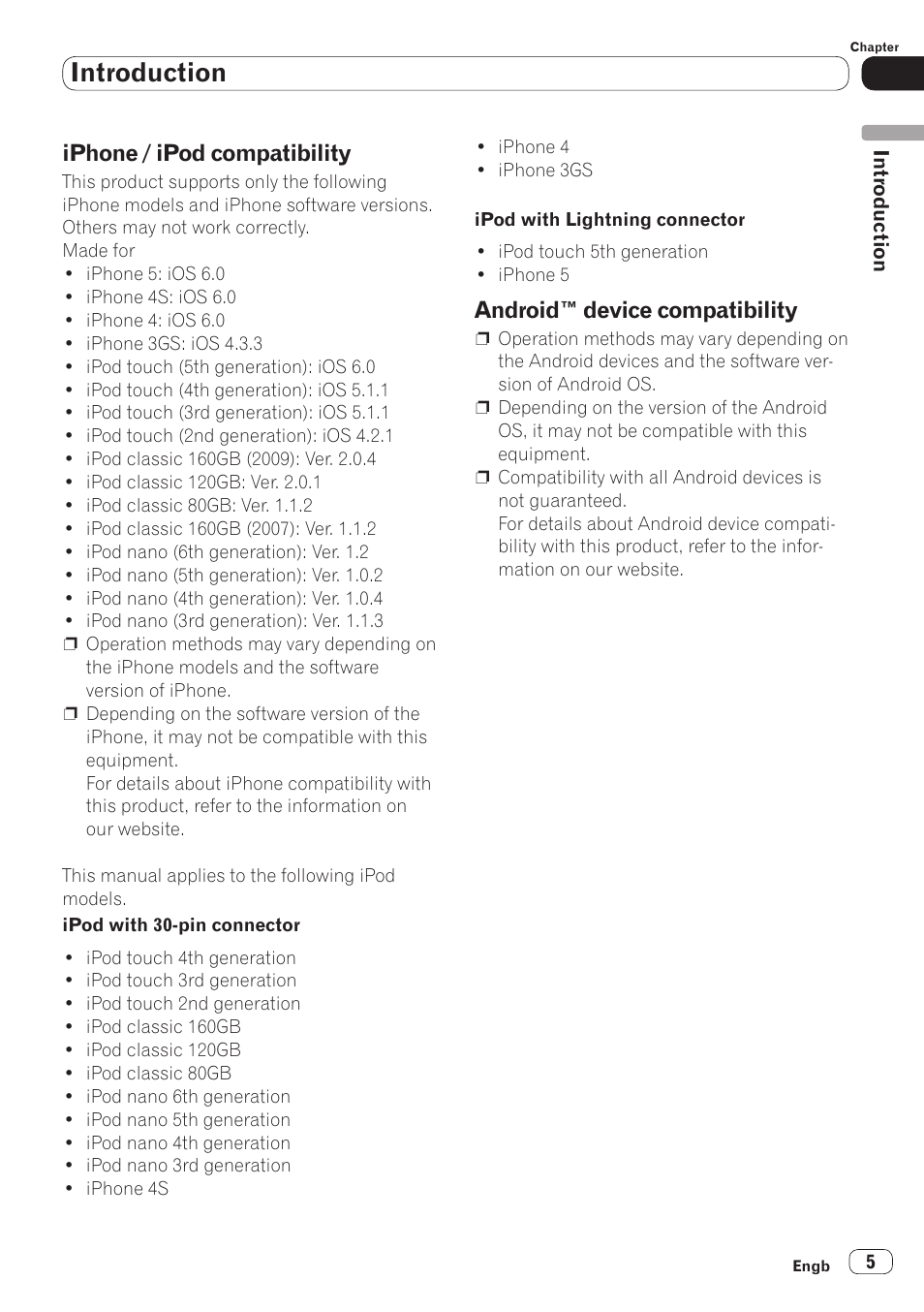 Iphone / ipod compatibility, Android™ device compatibility, Introduction | Pioneer SPH-DA110 User Manual | Page 5 / 66