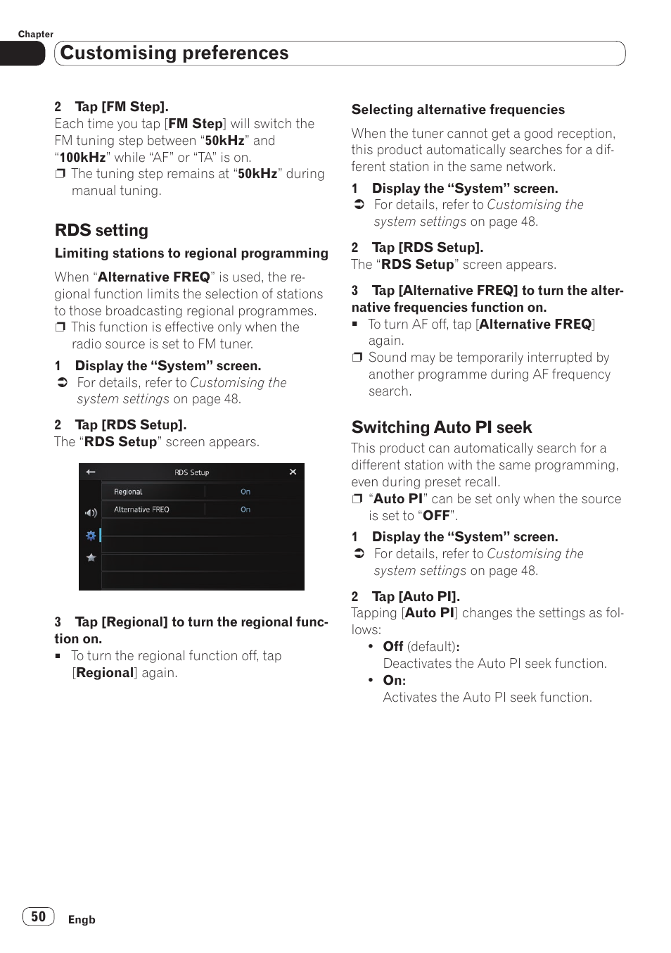 Rds setting, Switching auto pi seek, Customising preferences | Pioneer SPH-DA110 User Manual | Page 50 / 66