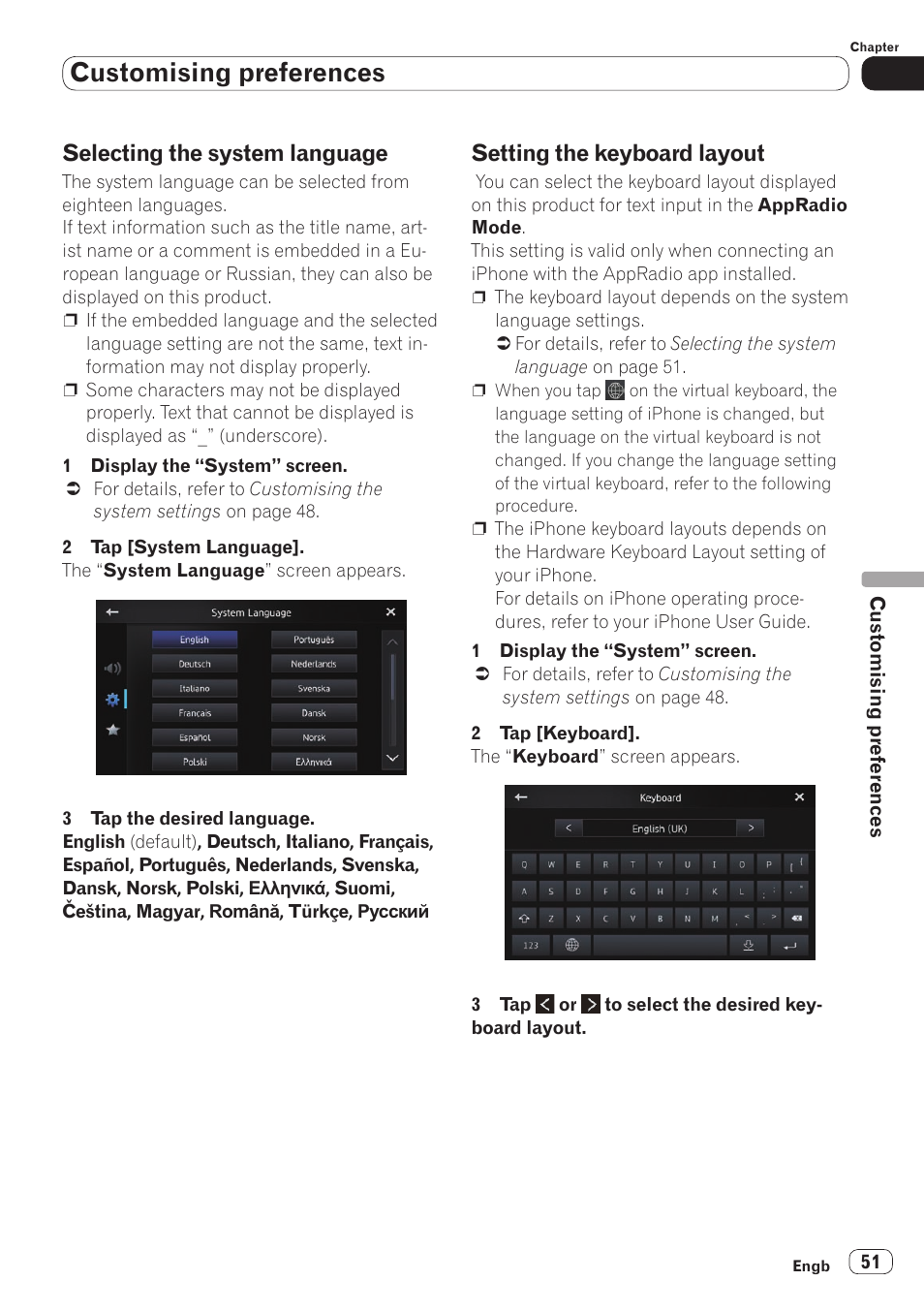 Selecting the system language, Setting the keyboard layout, Customising preferences | Pioneer SPH-DA110 User Manual | Page 51 / 66