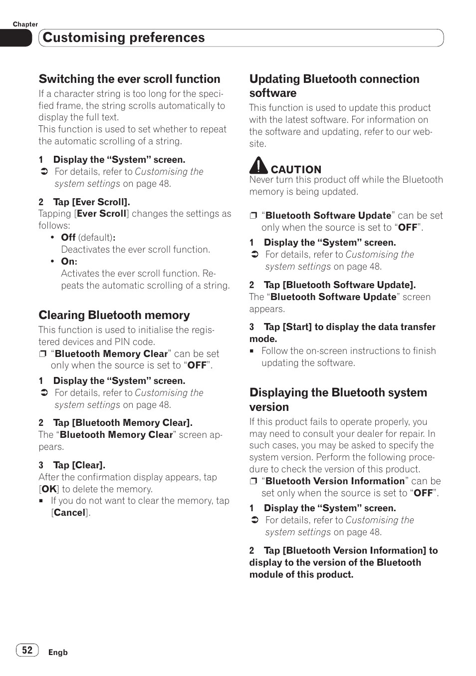 Switching the ever scroll function, Clearing bluetooth memory, Updating bluetooth connection | Software, Displaying the bluetooth system, Version, Customising preferences, Updating bluetooth connection software, Displaying the bluetooth system version | Pioneer SPH-DA110 User Manual | Page 52 / 66