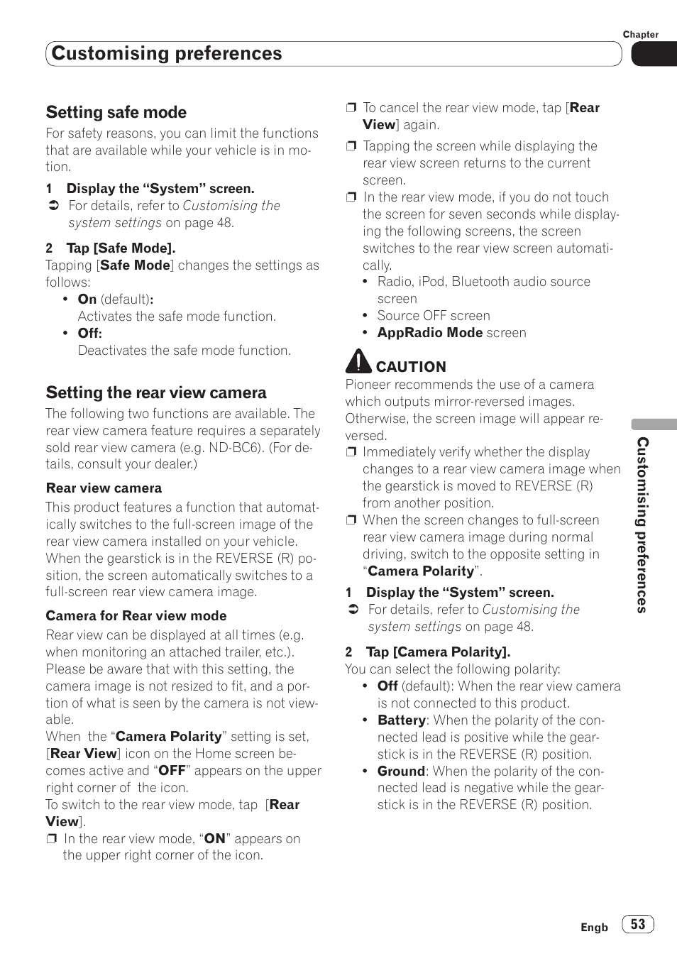 Setting safe mode, Setting the rear view camera, Or details, refer to setting the rear view | Customising preferences | Pioneer SPH-DA110 User Manual | Page 53 / 66